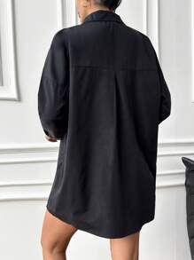 EURMUSE Long Studded & Rhinestone & Hot Drilling Detailed Drop Shoulder Shirt - Black - View 2