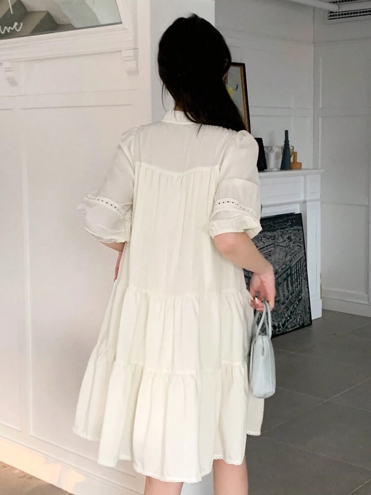 Women's Puff Sleeve Hem Stand Collar Dress With Frill Trim Sundress,Fall Clothes Long Sleeve Dress