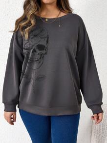 SHEIN LUNE Women's Plus Size Flower & Skull Print Drop Shoulder Long Sleeve Sweatshirt - Dark Grey - View 3