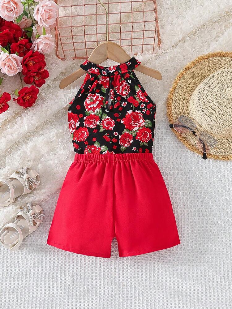 Baby Girl Rose Pattern Halter Top And Shorts Set
