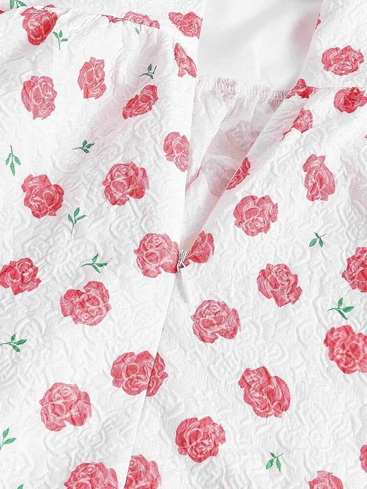 Women's Floral Textured Puff Sleeve Waist Belted Dress