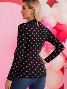 SHEIN Maternity Heart Print Stand Collar T-Shirt - Black - View 2