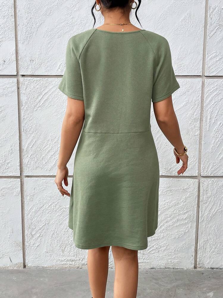 Women's Casual Home Style ArmyGreen V-Neck  Loose Fit Dress For Summer