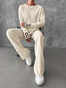 EURMUSE Contrast Binding Drop Shoulder Sweater & Knit Pants - Beige - View 4