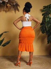 Slaydiva 大尺碼女士彩色拼接十字背心領上衣和裙子沙灘假期套裝 - 彩色 - 查看 3