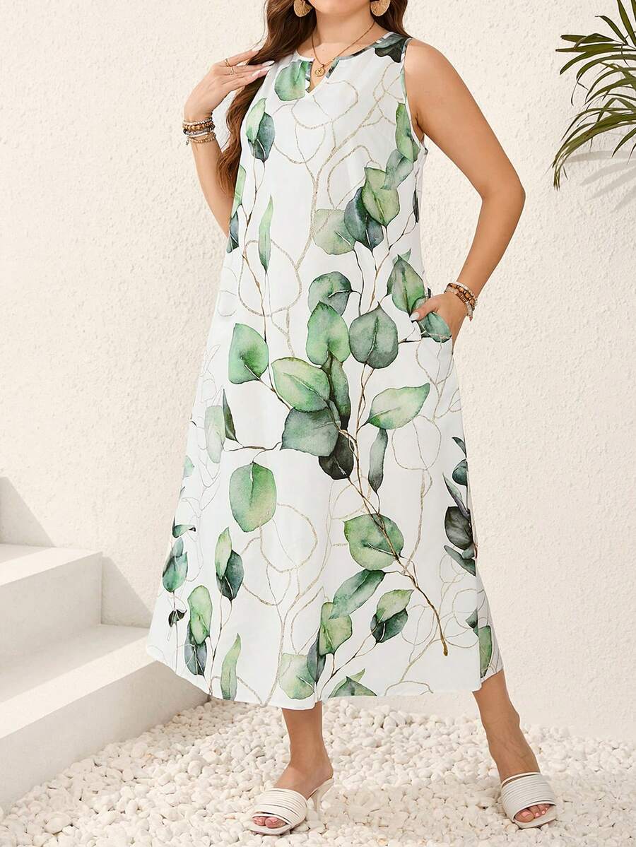 EMERY ROSE 大尺碼女士植物印花無袖裙 - 白色 - 查看 1