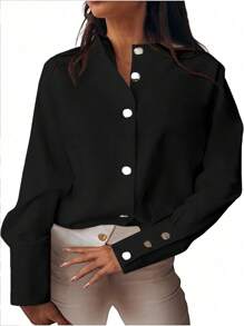 SHEIN LUNE Women's Plus Size Solid Color Long Sleeve Shirt Fall Cloth For Women - Black - View 3