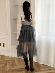 FRIFUL Women's Mesh Organza Ruffle Hem Spaghetti Strap Dress,Fall Dress Long Sleeve Dress