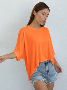 SHEIN EZwear Áo thun dệt kim viền bất đối xứng dành cho nữ - trái cam - Xem 6
