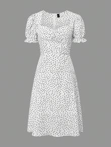 SHEIN Privé 女士不對稱圓點印花泡泡袖連身裙 - 白色 - 查看 3