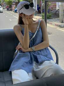 DAZY Top de camiseta sin mangas con cuello en V y botones para mujer, top de estilo babydoll para el verano