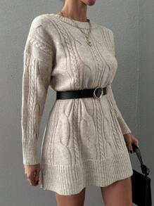 EURMUSE Kabelstickad Fållen Slits Sweater Klänningar utan Bälte - Beige - Visa 4