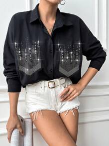 EURMUSE Long Studded & Rhinestone & Hot Drilling Detailed Drop Shoulder Shirt - Black - View 1