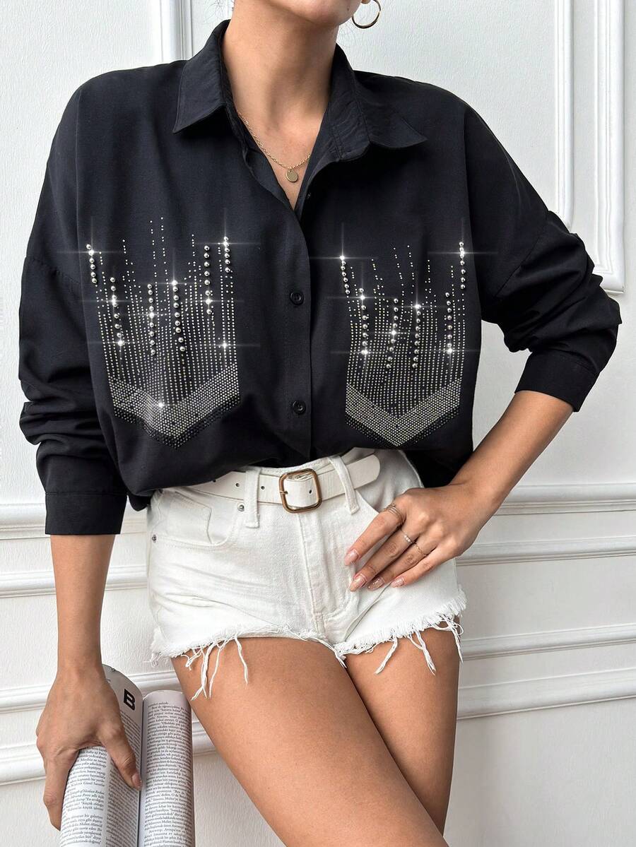 EURMUSE Long Studded & Rhinestone & Hot Drilling Detailed Drop Shoulder Shirt - Black - View 1