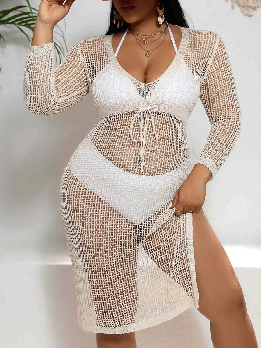 SHEIN Swim Curve Plus Size Women's Hollow Out Split Cover Up Dress Summer - Apricot - View 1