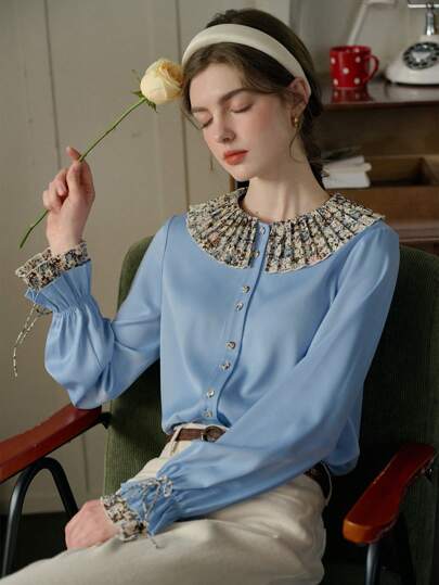Simple Retro Women's Ditsy Ditsy Floral Patchwork Casual Shirt
