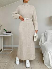 EURMUSE Women's Solid Ribbed Knit Stand Collar Sweater Dress - Beige - View 4