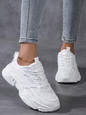 2025 秋季运动前厚底女鞋，Everyday Collection 女式时尚白色女鞋厚底拼色图案系带女式厚底鞋轻便透气女式运动鞋户外运动鞋女式跑步鞋