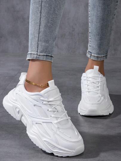 2025 Autumn Sporty Front Chunky Sneakers For Women,Everyday Collection Women's Fashionable White Women Shoes Thick-Soled Colorblock Graphic Lace-Up Women Platform Shoes Lightweight Breathable Women's Athletic Shoes Outdoor Sports Shoes For Women Running Shoes