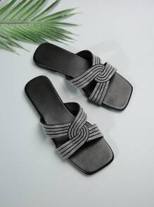 Mới Mùa hè/mùa thu Của phụ nữ Đen Dép đi trong nhà Đối với Ngoài trời Đồ đi biển Với Pha lê , Phong cách Pháp , Gót phẳng , Đế mềm - màu đen - Xem 6