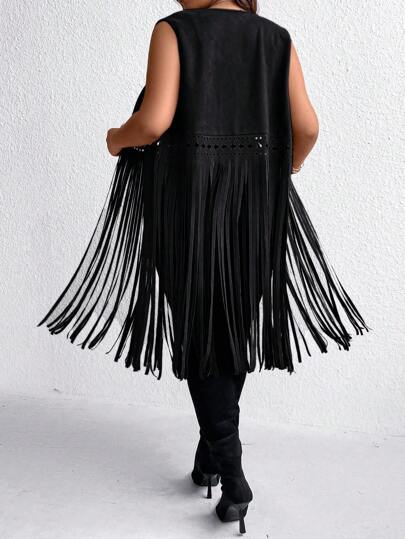 EMERY ROSE Plus Size Solid Color Fringed Sleeveless Jacket, For Winter Fall Autumn