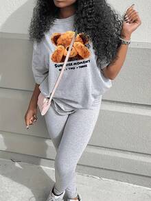 SHEIN Essnce 女性大碼短袖t卹,設有標語和卡通熊印花 - 灰色 - 查看 7