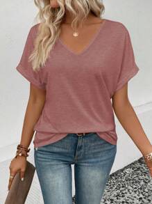 SHEIN LUNE T-shirt Mit Fledermausärmeln Und V-ausschnitt Für Damen - Rostige Rose - Übersicht 3