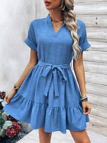 SHEIN LUNE 女性masson_color 領口v領裙式連身裙 - 藍色 - 查看 4