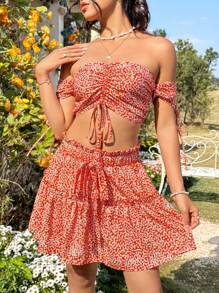 Soleia 花卉印花露肩上衣及荷葉邊裙子兩件套裝