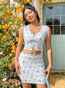 Soleia Blumiges Crop Top Und Hohe Taille Bleistiftrock Set Mit Schlanker Passform - Weiss - Übersicht 1