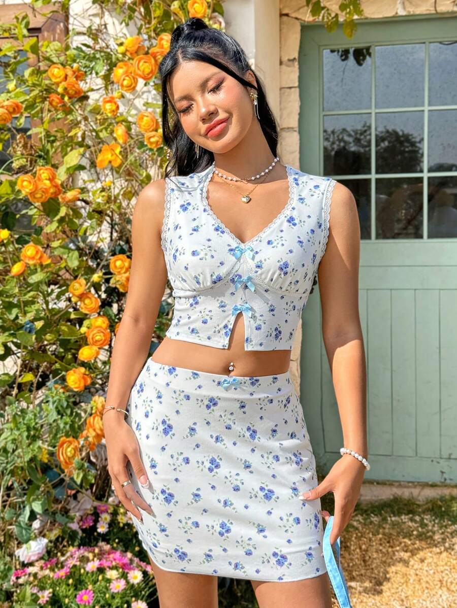 Soleia Blumiges Crop Top Und Hohe Taille Bleistiftrock Set Mit Schlanker Passform - Weiss - Übersicht 1