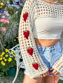 Soleia Cropped Sweater With 3d Strawberry Decoration And Hollow Out Design - White - View 4