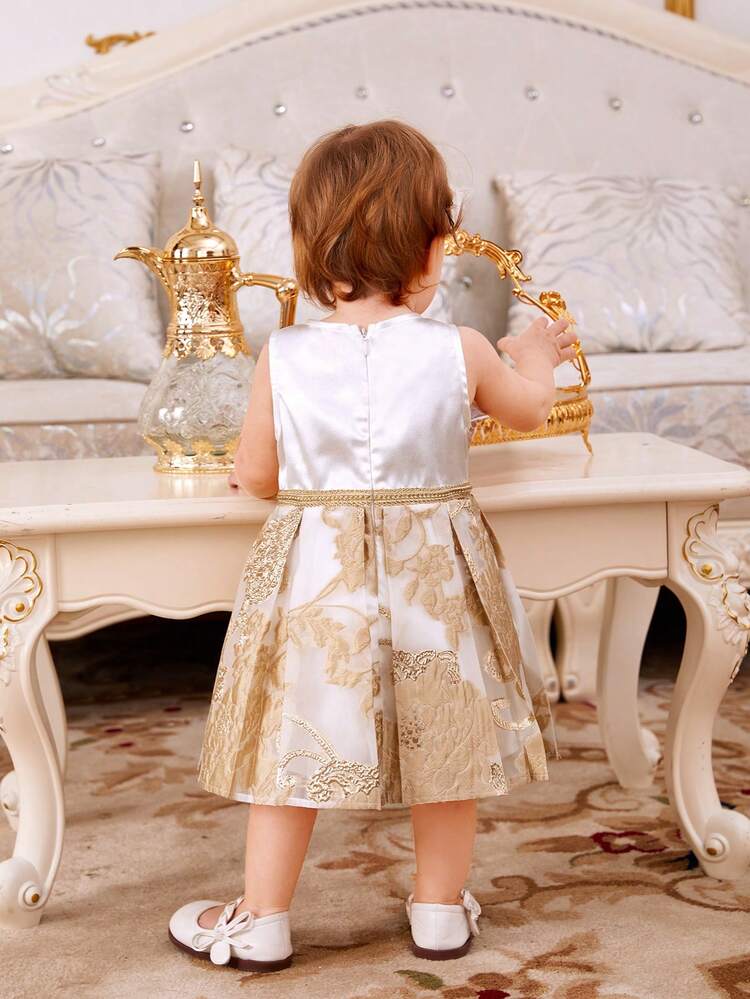 Baby Girl Color-Blocked Gold Floral Pattern 3d Flower Sleeveless Dress