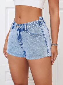 SHEIN ICON Asymmetrical Waistline Water Wash Denim Shorts - Medium Wash - View 5