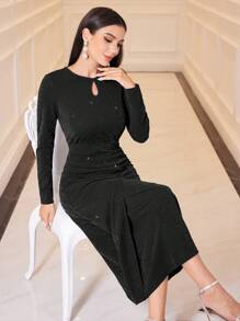 Modelyn Vestido De Brillo Plisado Con Abertura