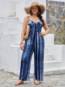 SHEIN VCAY 女士夏季加大尺碼藍白色圓點涼鞋背心連體褲,適用於沙灘和休閒時尚 - 藍色 - 查看 3