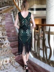 ANGEL FASHIONS 1920S Retro Cổ chữ V Kim sa Thêu Viền tua Đầm Party - màu xanh lá - Xem 4