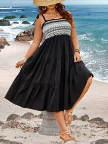 SHEIN SunnyBelle Kích thước lớn Của phụ nữ Hình học In Dệt kim Hai Dây Buộc Đầm Đối với Ngày lễ - màu đen - Xem 5