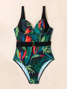 SHEIN Swim Traje De Baño De Una Pieza Para Mujer Con Estampado De Plantas Y Parches, Con Cinturón De Cintura Desmontable Con Anillo Para El Verano, Playa, Vacaciones, Viajes, Festivales, Piscinas Y Surf