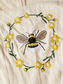 ROMWE Fairycore Plus Size Honey Bee & Plant Embroidery Cottagecore Beige Dress - Apricot - View 3