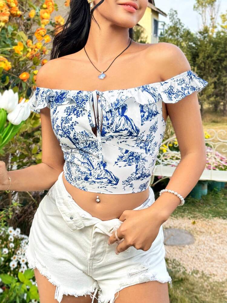 Women's Printed Portrait Off Shoulder Cropped Blouse