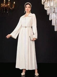 Al Najma 女士毛绒装饰后背长袖长袍（无腰带），穆斯林时尚长袍，适合休闲/节日/聚会/旅行 - 杏色 - 查看 1
