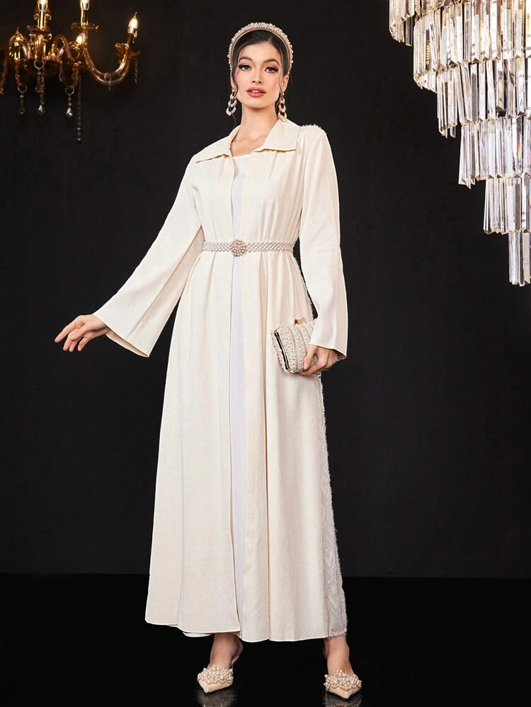 Women's Fuzzy Embellished Back Full Sleeve Abaya Without Belt, Muslim Fashion Abaya For Casual/Festival/Gathering/Travel