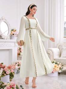 Al Najma Women's Bead Embellished Embroidery Square Neck Arabian Dress, Modest - Apricot - View 7