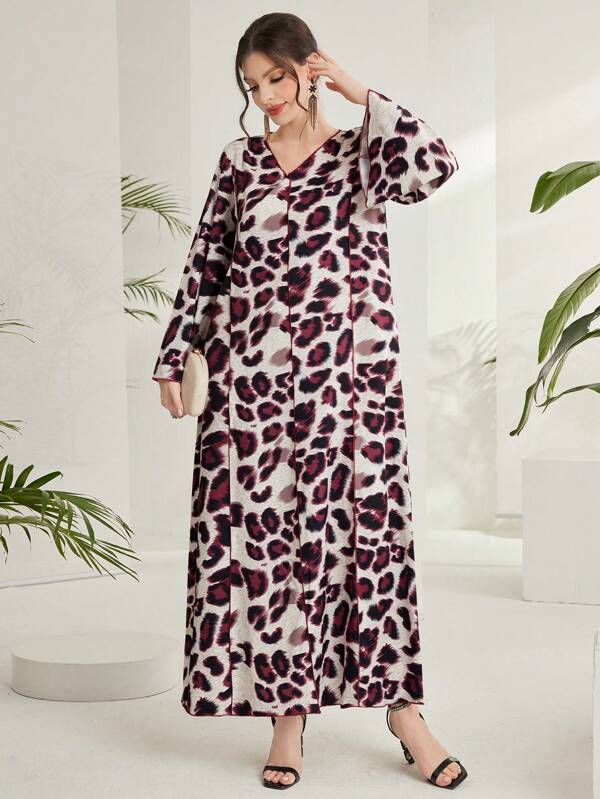 Al Najma Women's Leopard Print Long Turkish Cardigan Kaftan Jalabiya Dress