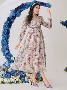 Modelyn Women's Floral Print Lantern Sleeve Dress Maxi Women Outfit - Multicolor - View 3