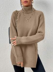 EURMUSE Áo cao cổ Màu thuần Tay Raglan Đồ đan Ribbed Áo len Với Bên - Màu Khaki - Xem 1