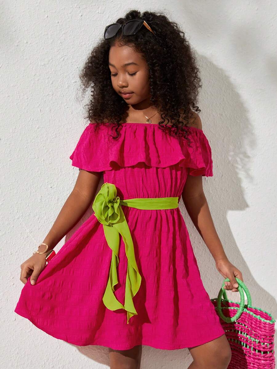 SHEIN Vestido Sin Hombros De Verano Y Primavera Y Vestido Casual Plisado Para Niñas Preadolescentes