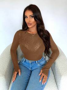 SHEIN SXY Blusa Ajustada De Manga Larga De Color Sólido Para Mujer Con Perspectiva - Marrón - Ver 4