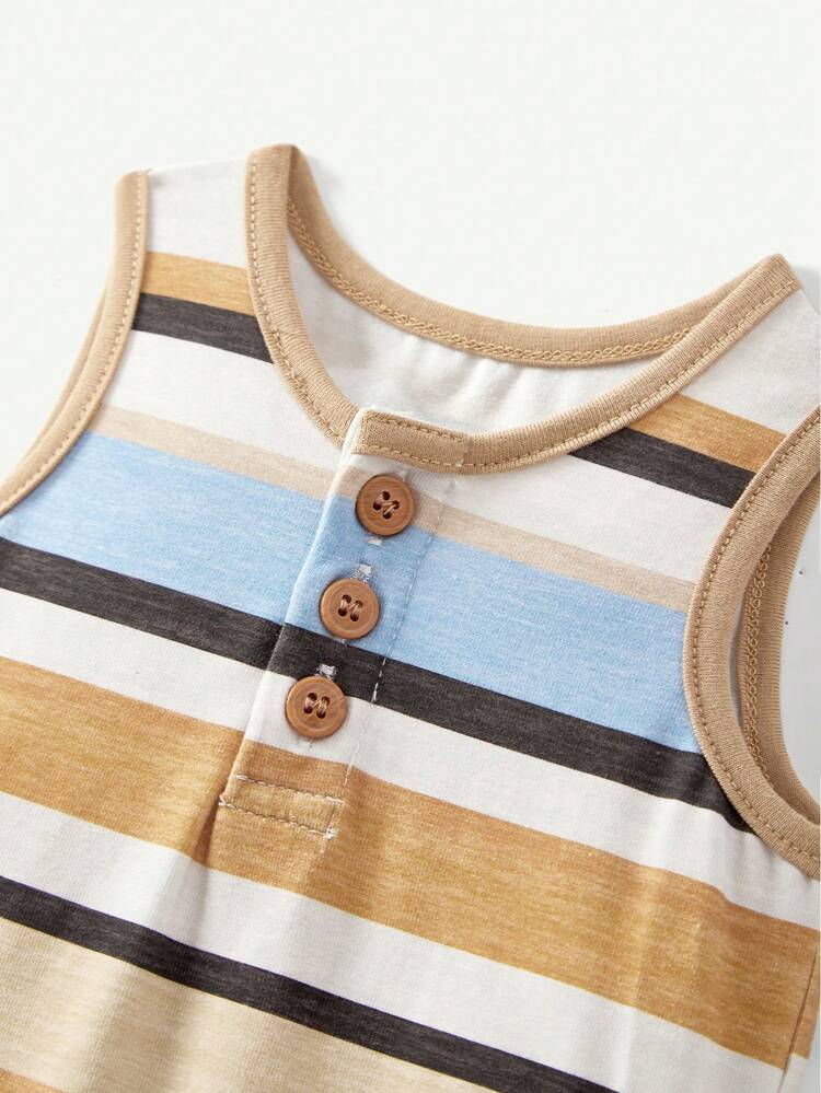 Newborn Baby Boy's Knitted Soft Contrast Stripe Round Neck Sleeveless Jumpsuit